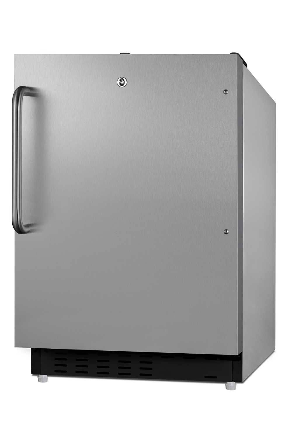 Built-in undercounter ADA compliant refrigerator-freezer with SS cabinet and door with a towel bar handle for residential use, manual defrost with glass shelves, front lock, and door storage